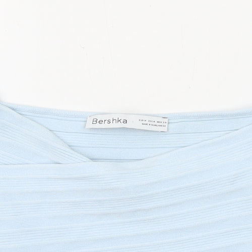 Bershka Womens Blue Viscose Cropped T-Shirt Size M V-Neck