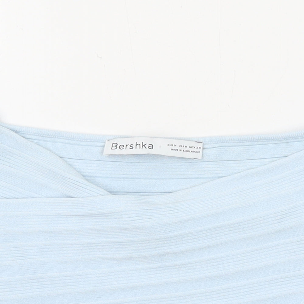 Bershka Womens Blue Viscose Cropped T-Shirt Size M V-Neck