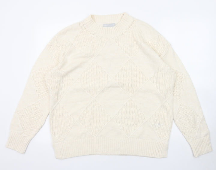 Marks and Spencer Womens Beige Mock Neck Argyle/Diamond Cotton Pullover Jumper Size L