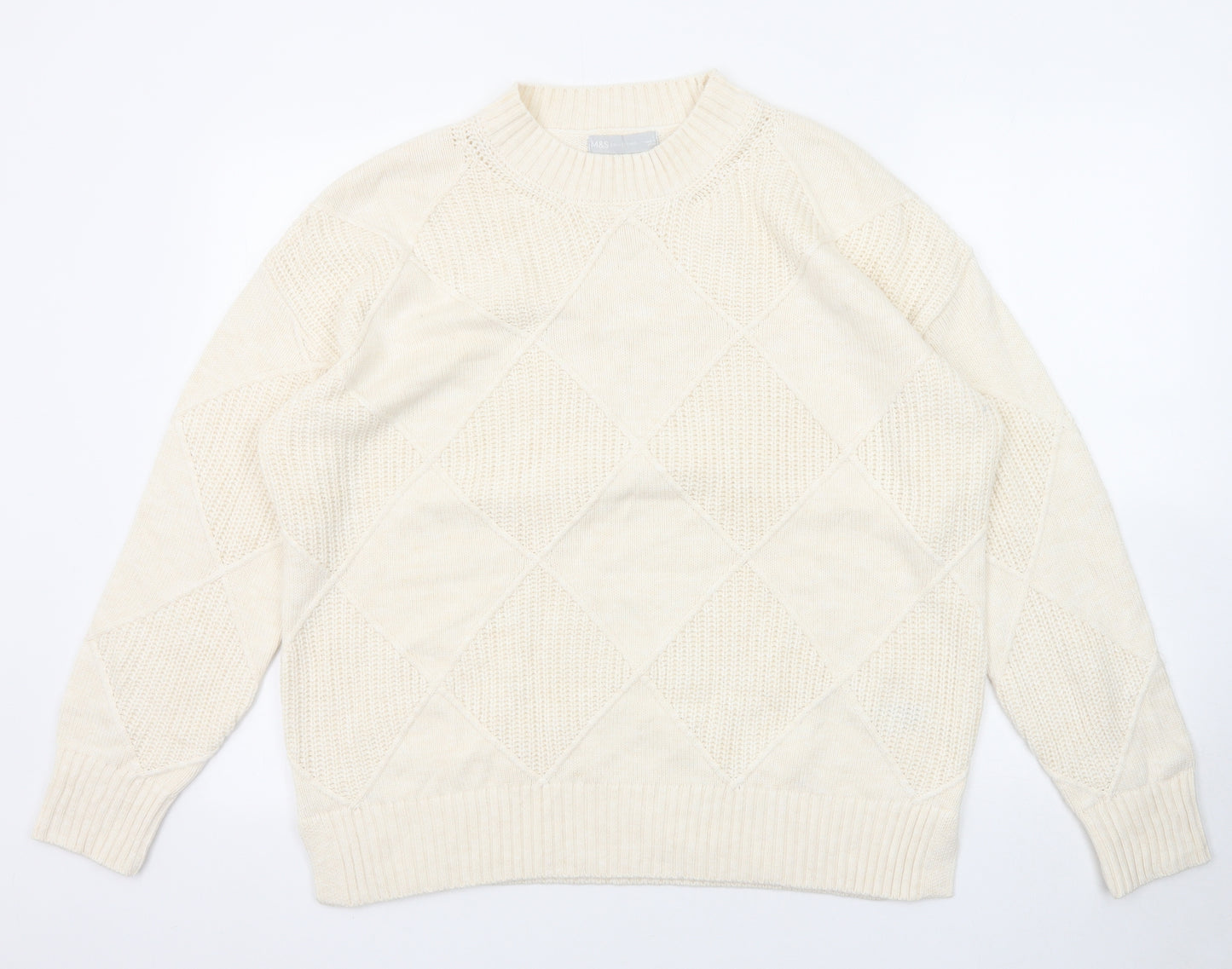 Marks and Spencer Womens Beige Mock Neck Argyle/Diamond Cotton Pullover Jumper Size L