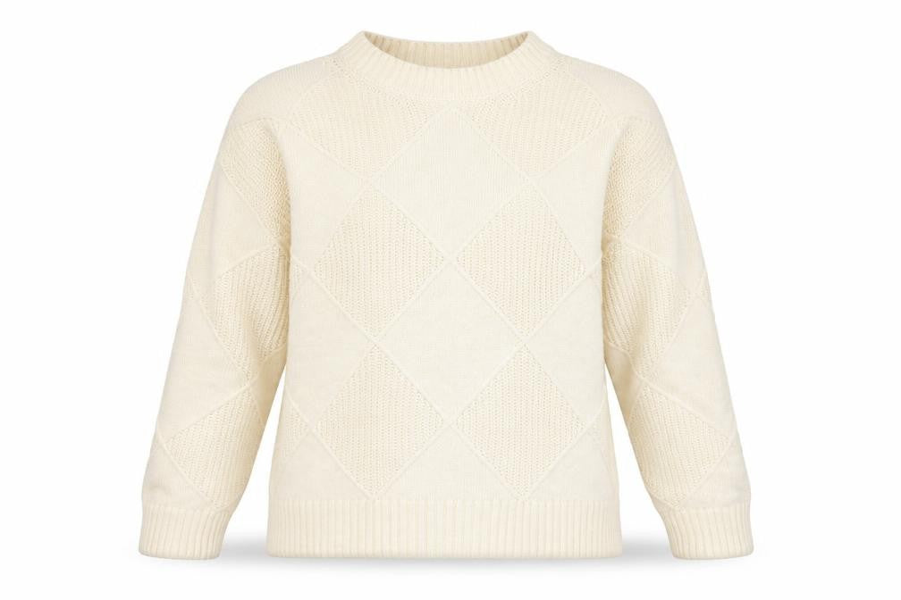Front view of Marks & Spencer women’s beige mock neck argyle/diamond cotton jumper, size L