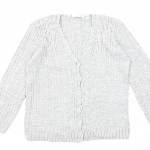 Pure & Natural Womens Grey V-Neck Acrylic Cardigan Jumper Size M - Size M-L