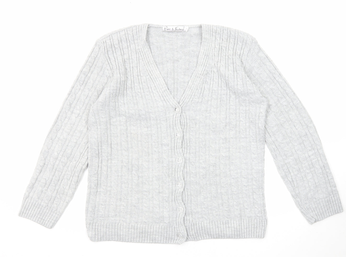 Pure & Natural Womens Grey V-Neck Acrylic Cardigan Jumper Size M - Size M-L