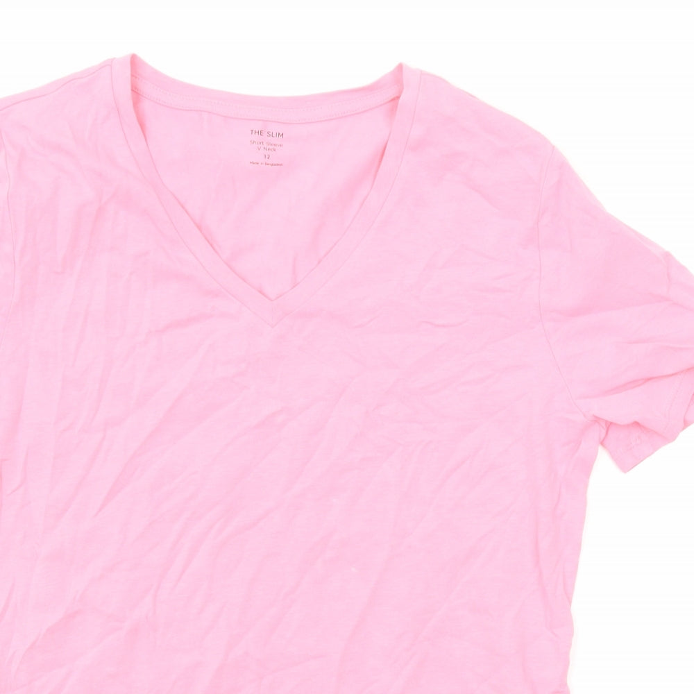 Marks and Spencer Womens Pink Cotton Basic T-Shirt Size 12 V-Neck
