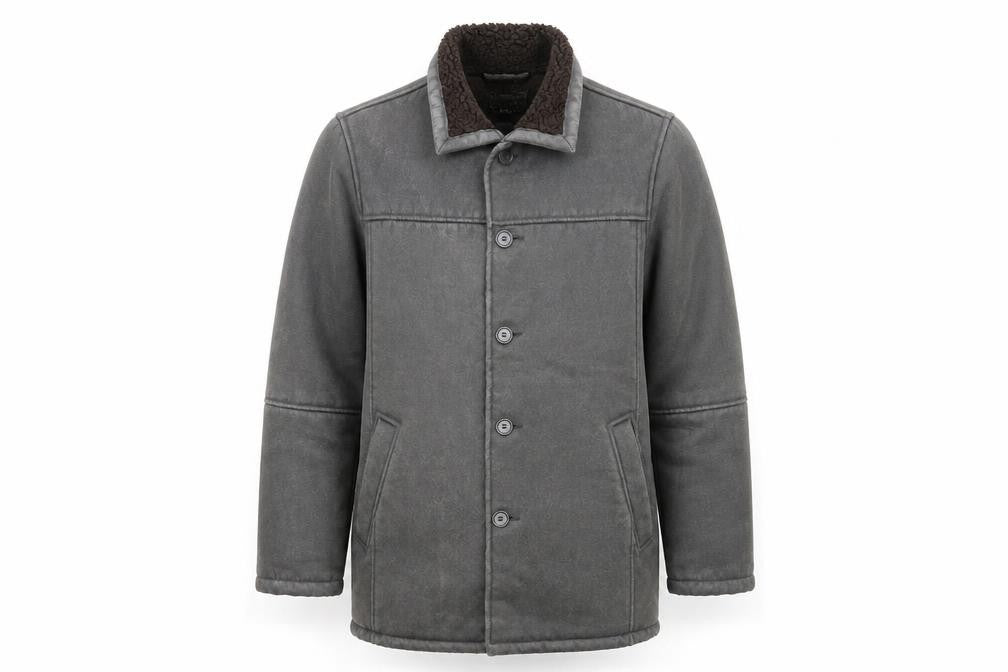 Front view of Steve Kettle men’s grey overcoat coat, size S, button