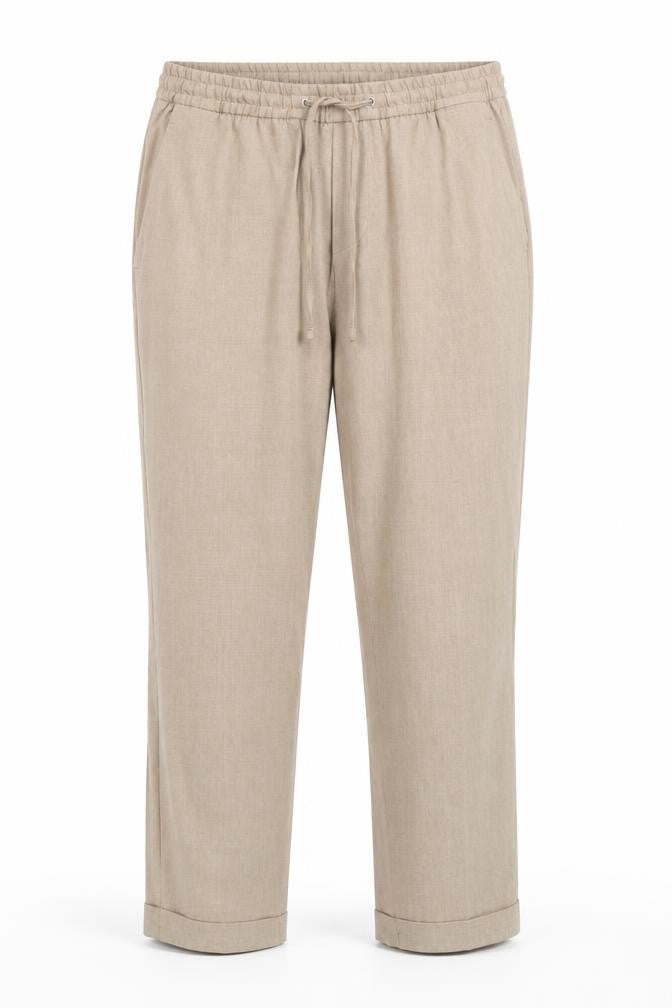 Front view of H&M women’s beige polyester chino trousers, size S, slim drawstring