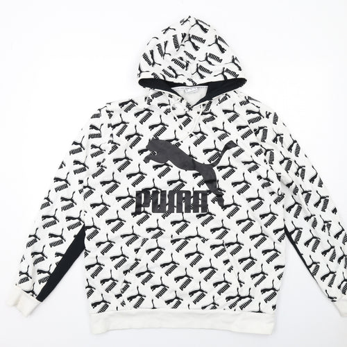 PUMA Mens White Geometric Cotton Pullover Hoodie Size XL