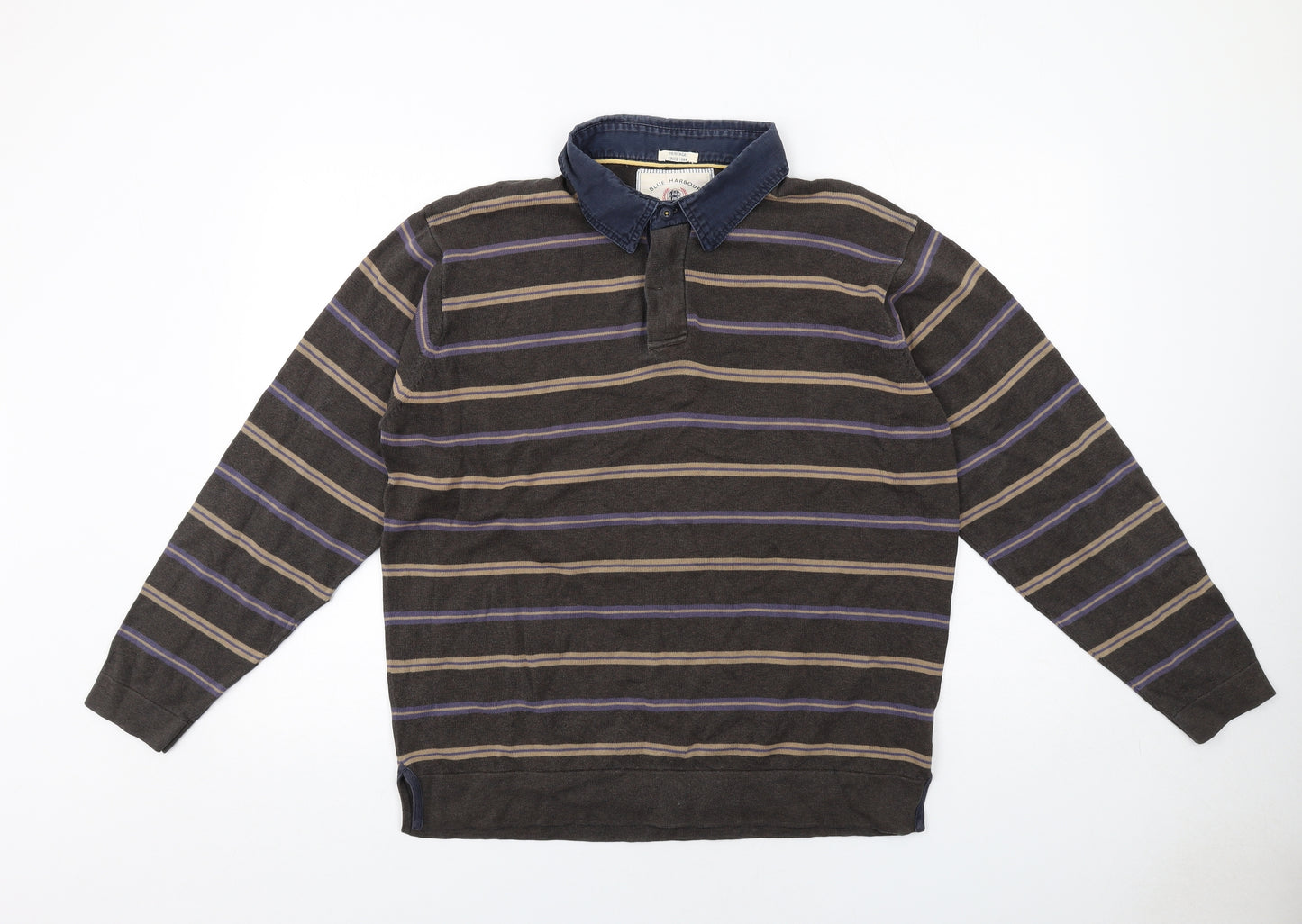 Blue Harbour Mens Brown Striped Cotton Polo Size L Collared Button