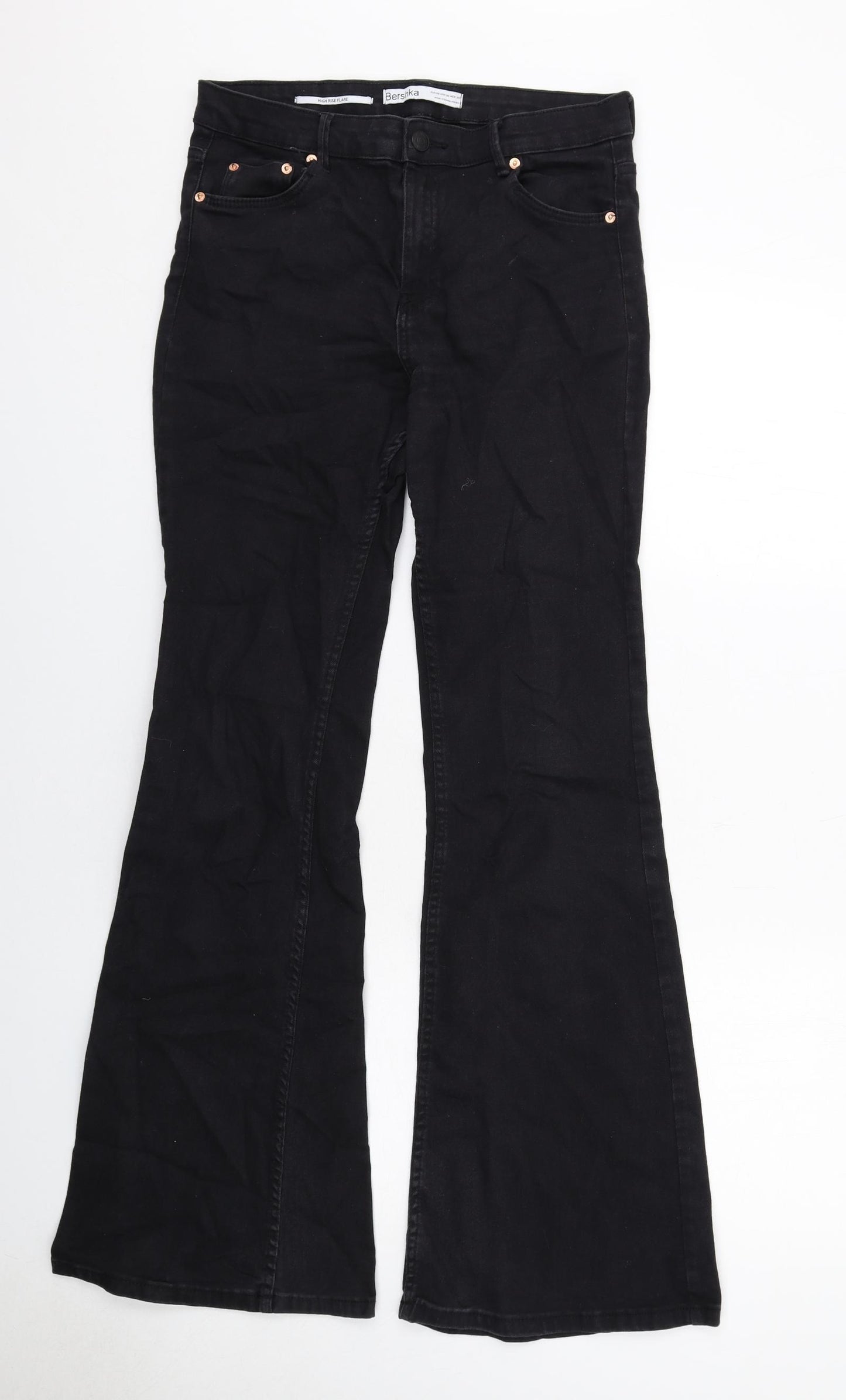 Bershka Womens Black Cotton Flared Jeans Size 10 Regular Zip
