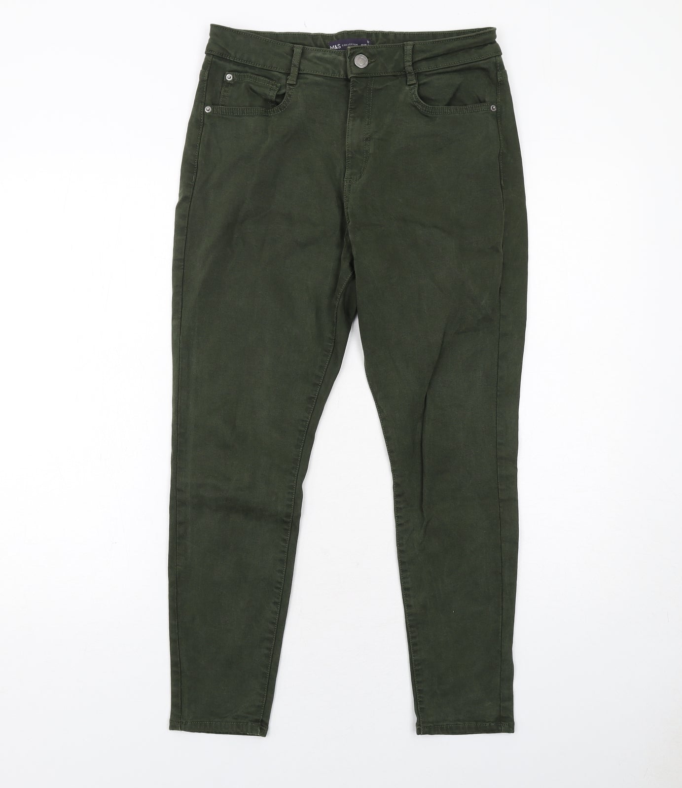 Marks and Spencer Womens Green Cotton Skinny Jeans Size 12 Regular Zip
