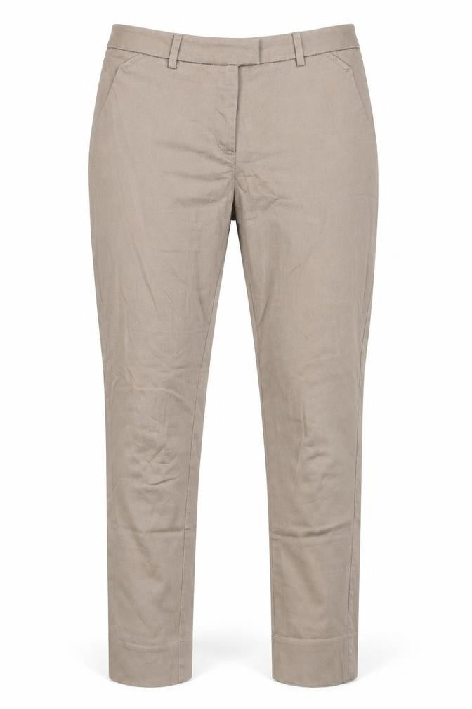 Front view of H&M women’s brown cotton carrot trousers, size UK 6, regular zip