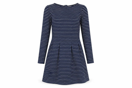 Front view of Springfield women’s blue striped viscose a-line, size S, round neck zip