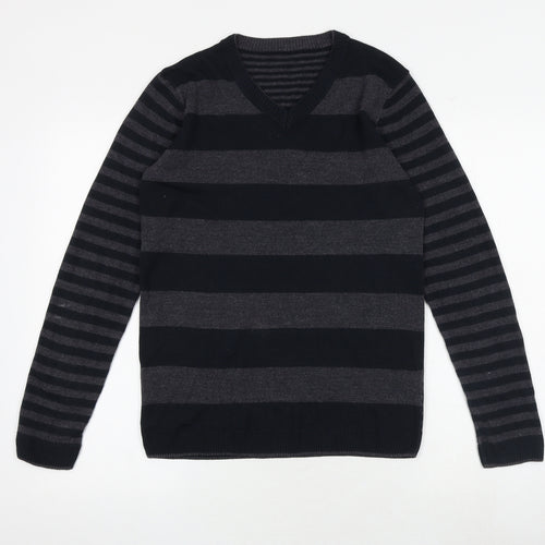 Marks and Spencer Boys Black V-Neck Striped Acrylic Pullover Jumper Size 13-14 Years Pullover