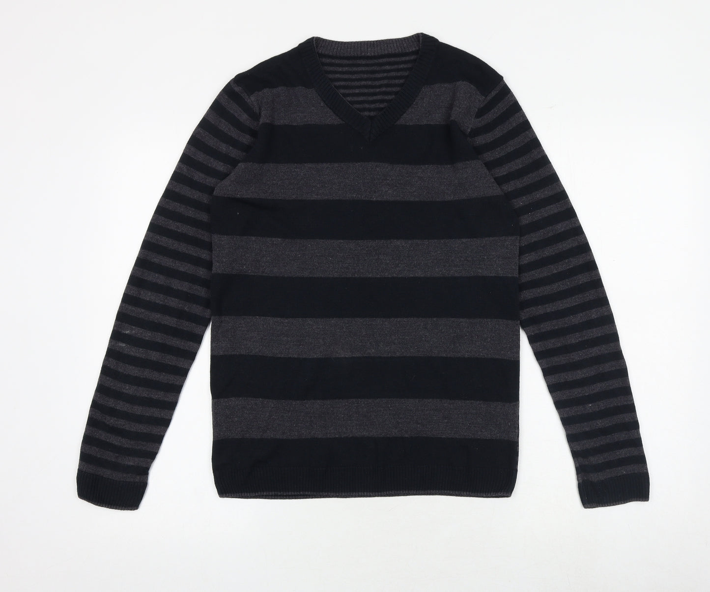 Marks and Spencer Boys Black V-Neck Striped Acrylic Pullover Jumper Size 13-14 Years Pullover