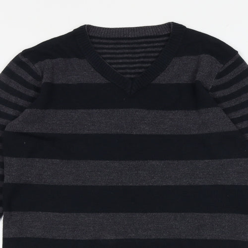 Marks and Spencer Boys Black V-Neck Striped Acrylic Pullover Jumper Size 13-14 Years Pullover
