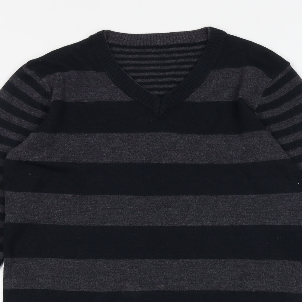 Marks and Spencer Boys Black V-Neck Striped Acrylic Pullover Jumper Size 13-14 Years Pullover