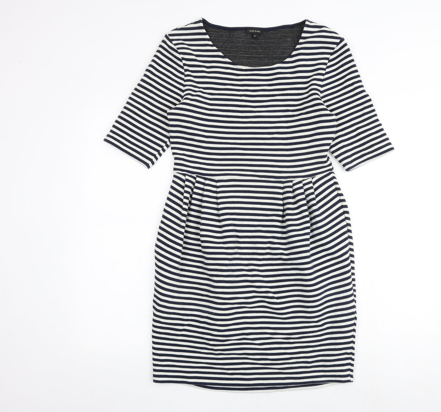 River Island Womens Blue Striped Cotton Shift Size 12 Round Neck Zip