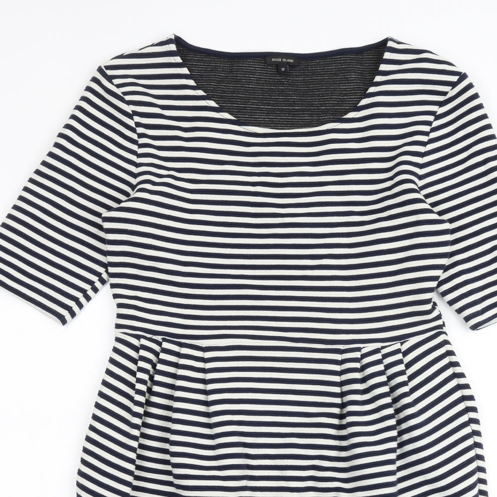 River Island Womens Blue Striped Cotton Shift Size 12 Round Neck Zip