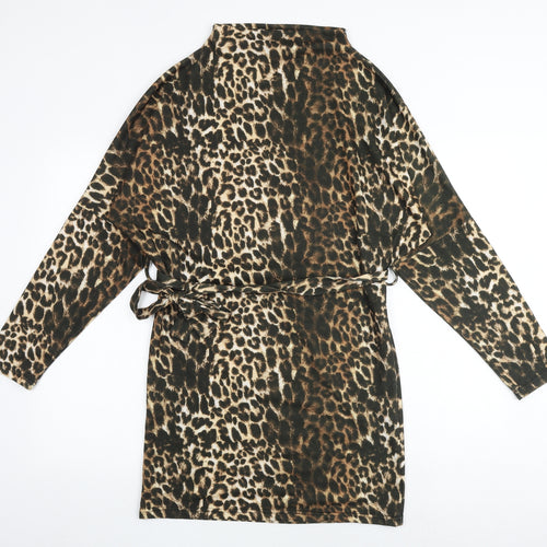 PRETTYLITTLETHING Womens Multicoloured Animal Print Polyester Fit & Flare Size 6 Mock Neck Tie - Leopard Print