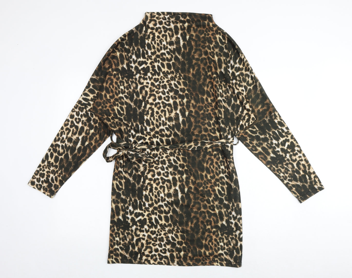 PRETTYLITTLETHING Womens Multicoloured Animal Print Polyester Fit & Flare Size 6 Mock Neck Tie - Leopard Print