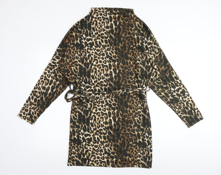 PRETTYLITTLETHING Womens Multicoloured Animal Print Polyester Fit & Flare Size 6 Mock Neck Tie - Leopard Print