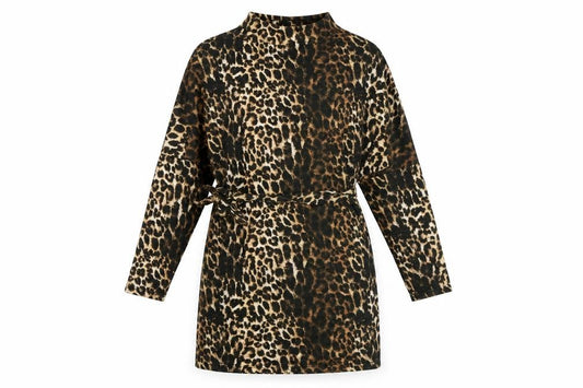 Front view of PRETTYLITTLETHING women’s multicoloured animal print polyester fit & flare, mock neck tie - leopard print