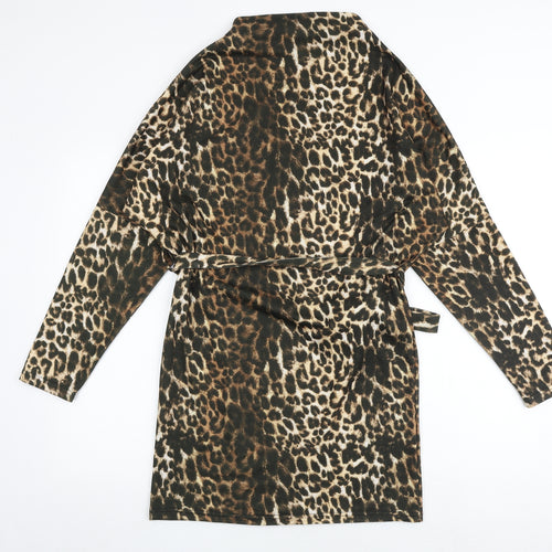 PRETTYLITTLETHING Womens Multicoloured Animal Print Polyester Fit & Flare Size 6 Mock Neck Tie - Leopard Print