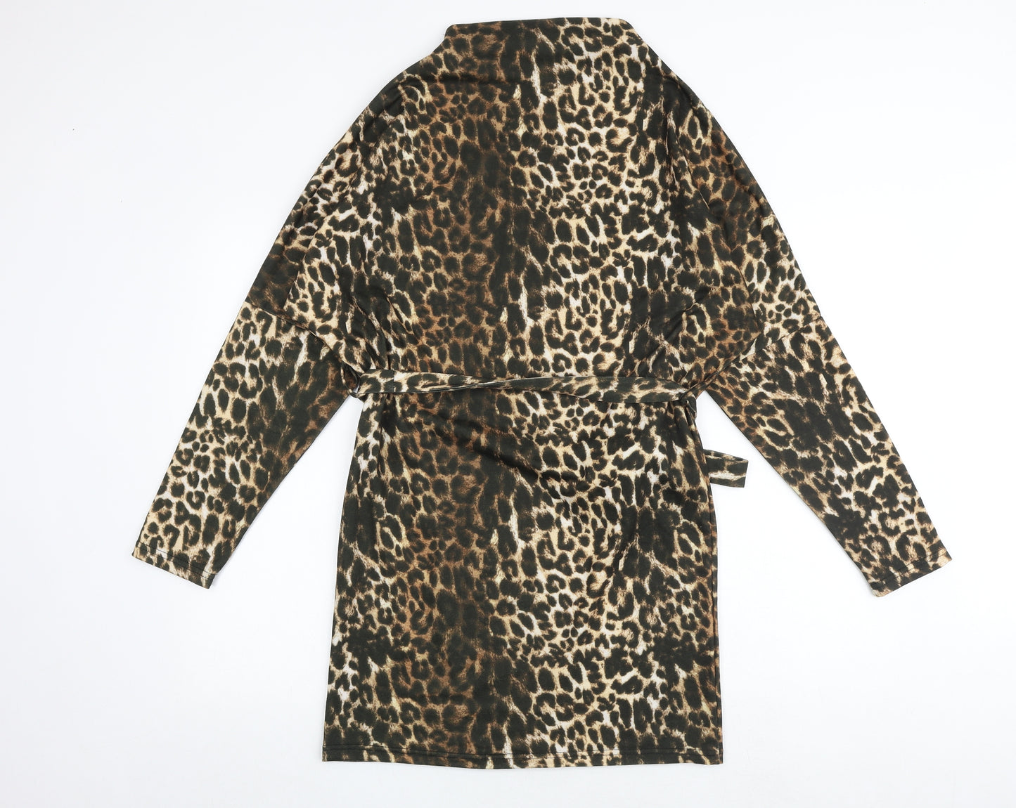 PRETTYLITTLETHING Womens Multicoloured Animal Print Polyester Fit & Flare Size 6 Mock Neck Tie - Leopard Print