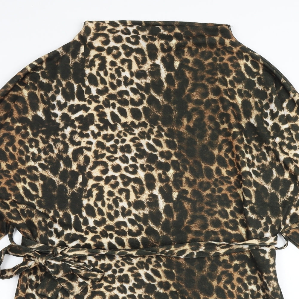 PRETTYLITTLETHING Womens Multicoloured Animal Print Polyester Fit & Flare Size 6 Mock Neck Tie - Leopard Print