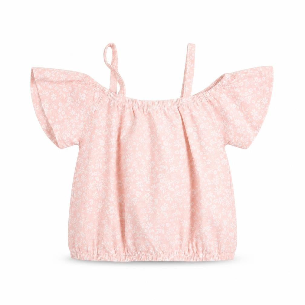 Front view of Btween girls’ pink floral cotton basic blouse, size 6, years round neck pullover - cold shoulder