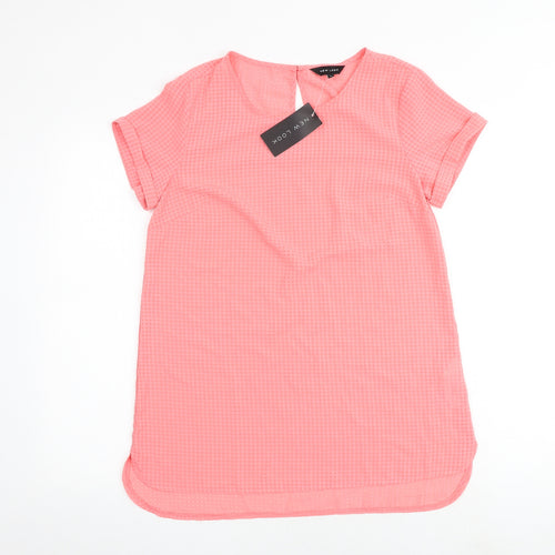 New Look Womens Pink Check Polyester Basic Blouse Size 12 Round Neck