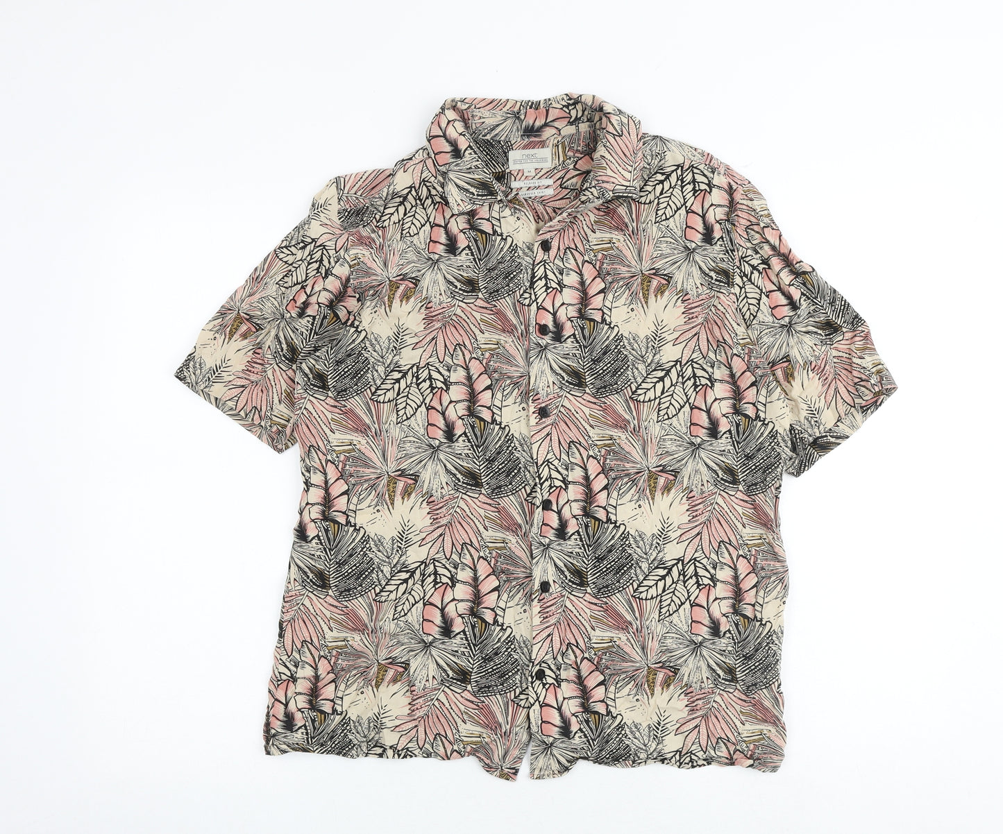 NEXT Mens Multicoloured Geometric Viscose Button-Up Size M Collared - Leaf Print