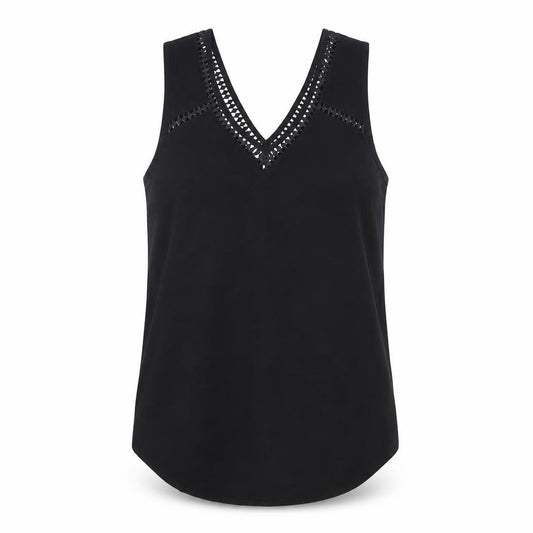 Front view of ASOS women’s black polyester basic tank, size UK 10, v-neck