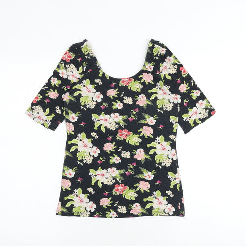 H&M Womens Black Floral 100% Cotton Basic T-Shirt Size S Scoop Neck
