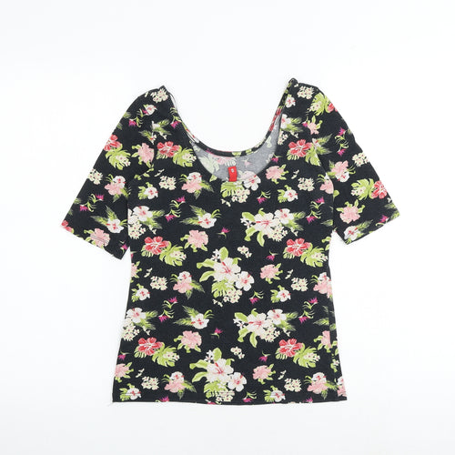 H&M Womens Black Floral 100% Cotton Basic T-Shirt Size S Scoop Neck