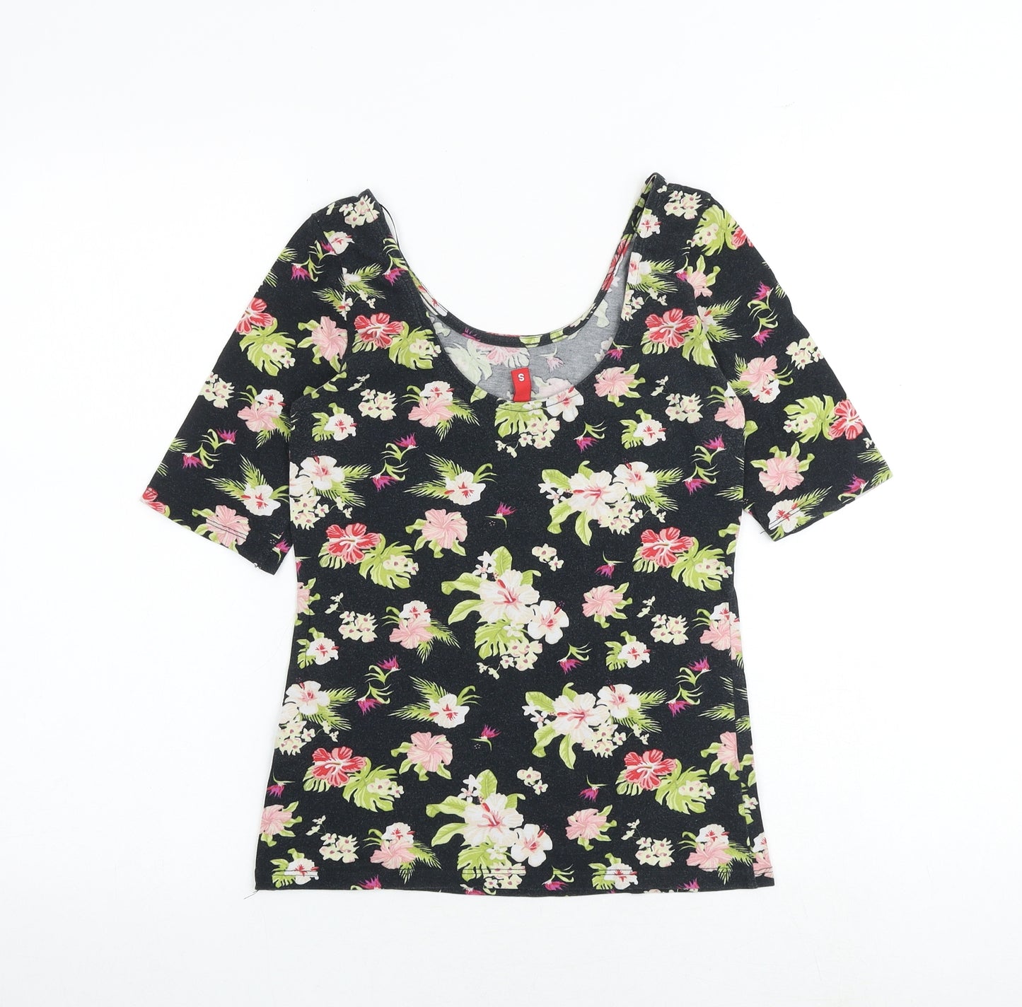 H&M Womens Black Floral 100% Cotton Basic T-Shirt Size S Scoop Neck