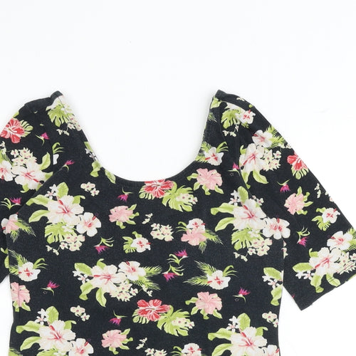 H&M Womens Black Floral 100% Cotton Basic T-Shirt Size S Scoop Neck