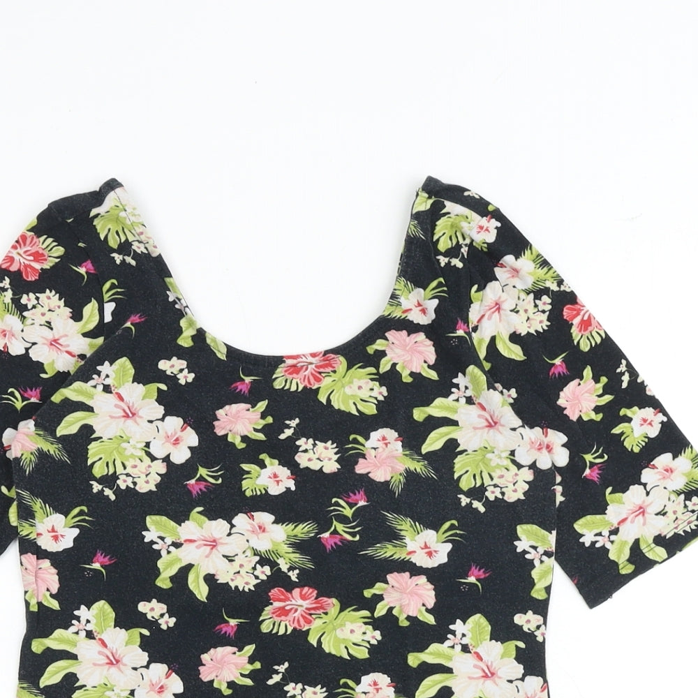 H&M Womens Black Floral 100% Cotton Basic T-Shirt Size S Scoop Neck
