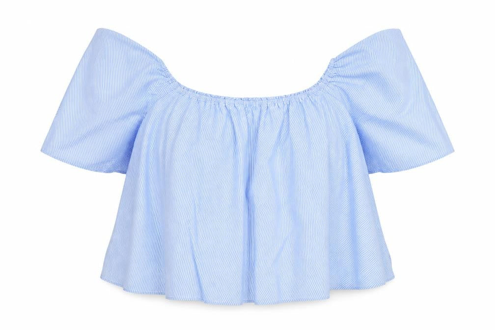 Front view of New Look women’s blue striped 100% cotton basic blouse, size UK 12, round neck