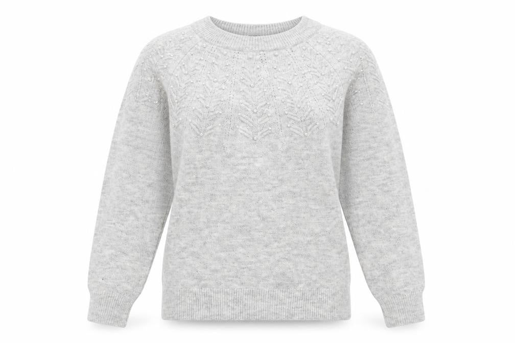 Front view of Marks & Spencer women’s grey round neck acrylic jumper, size S