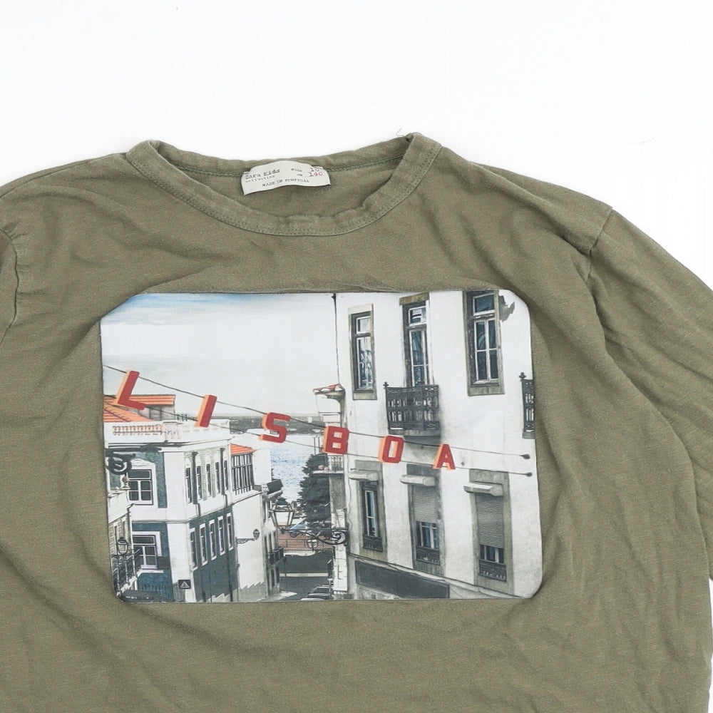 Zara Boys Green 100% Cotton Basic T-Shirt Size 10 Years Round Neck Pullover - Lisboa