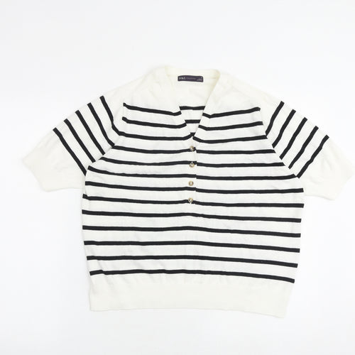 Marks and Spencer Womens White V-Neck Striped Cotton Pullover Jumper Size M