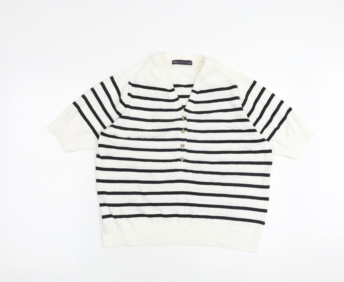 Marks and Spencer Womens White V-Neck Striped Cotton Pullover Jumper Size M