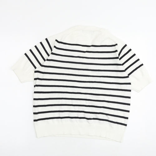 Marks and Spencer Womens White V-Neck Striped Cotton Pullover Jumper Size M