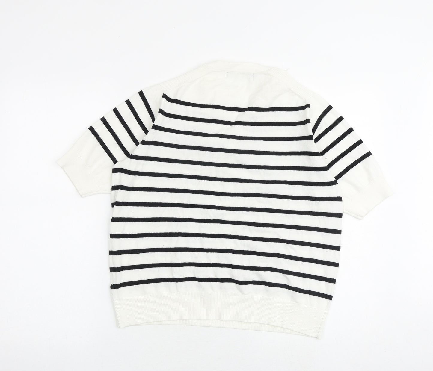 Marks and Spencer Womens White V-Neck Striped Cotton Pullover Jumper Size M