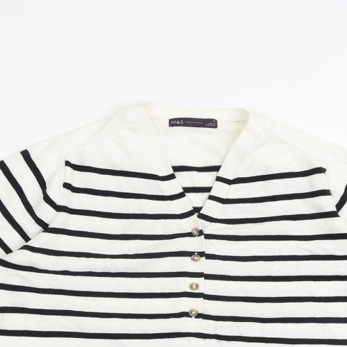 Marks and Spencer Womens White V-Neck Striped Cotton Pullover Jumper Size M