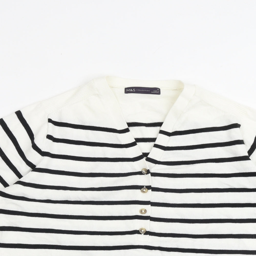 Marks and Spencer Womens White V-Neck Striped Cotton Pullover Jumper Size M