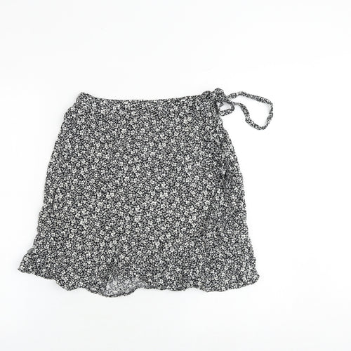 New Look Womens Black Floral Viscose Wrap Skirt Size 6 Tie