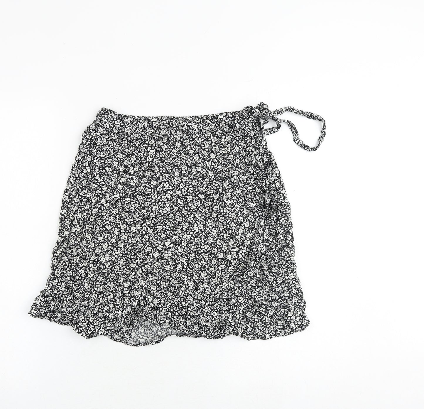 New Look Womens Black Floral Viscose Wrap Skirt Size 6 Tie