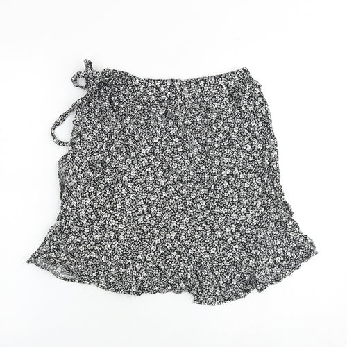 New Look Womens Black Floral Viscose Wrap Skirt Size 6 Tie